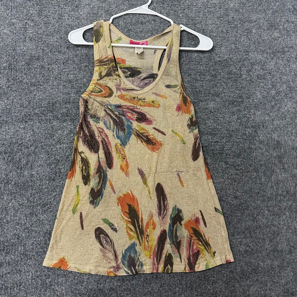 Love Stitch Tank Top Womens Size M Gold Metallic Feather Print Rhinestone USA